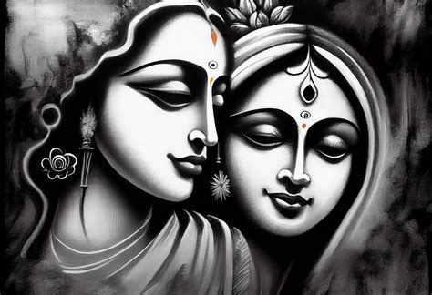 Love in Monochrome: Black and White Pencil Art Print of Radha and Kris