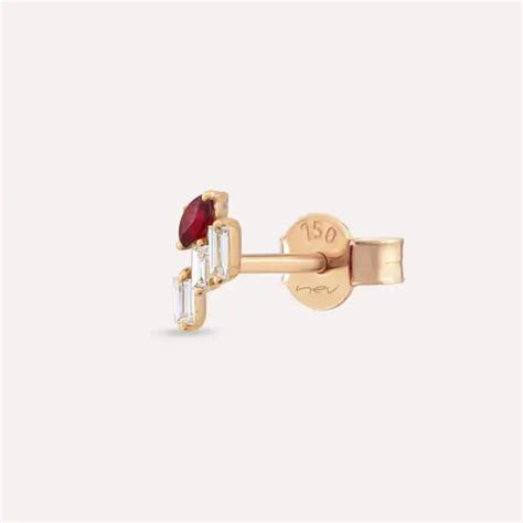 Loe Red Sapphire and Baguette Cut Diamond Rose Gold Single Earring