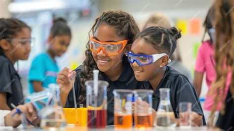 Premium Photo | Two young students wearing safety goggles work on a ...