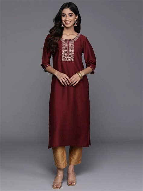 Buy Maroon Yoke Design Silk Straight Kurta Online at Rs.687 | Libas