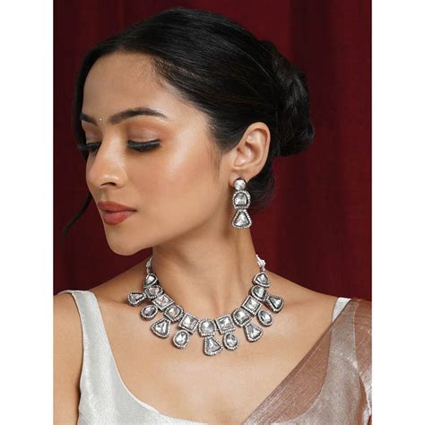 Buy Teejh Zahra Gold and Silver Oxidised Polki Necklace Set Online