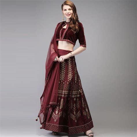 Maroon & Gold-Toned Ready to Wear Lehenga & Blouse With Dupatta ...