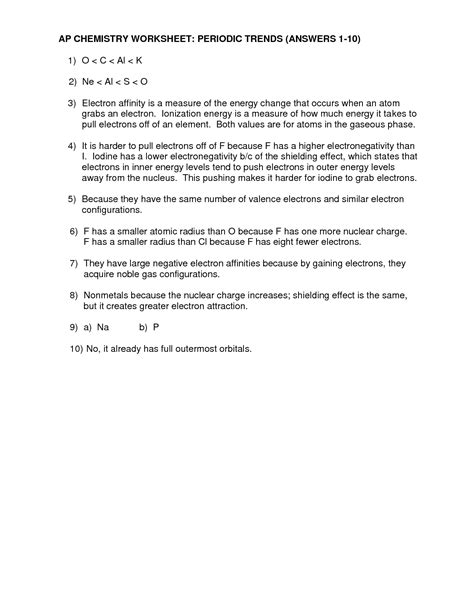 Periodic Trends Worksheet Answer Key - Printable Word Searches