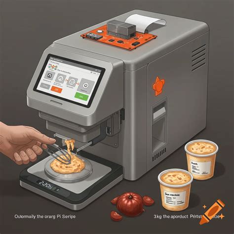 A hand mixes food on scales next to a smart kitchen appliance ...