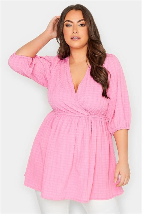 YOURS Plus Size Pink Textured Wrap Top | Yours Clothing