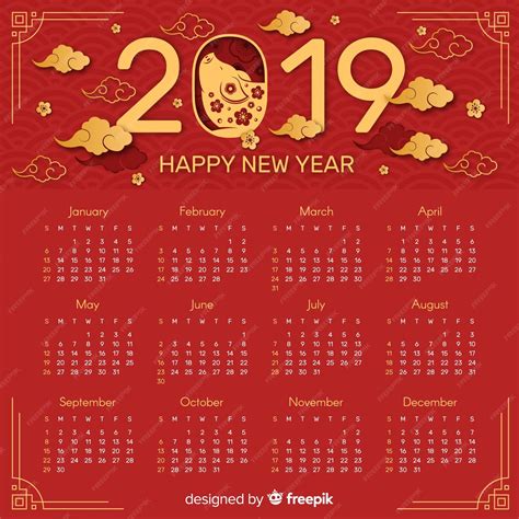 Roter und goldener chinesischer Kalender des neuen Jahres 2019 ...