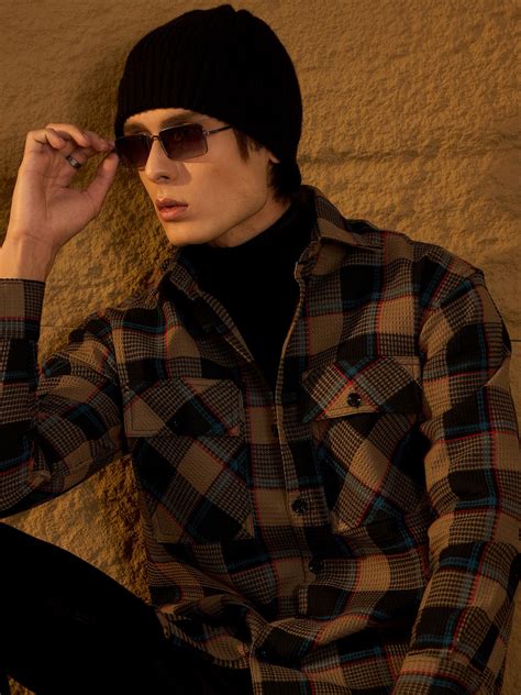 Brown & Black: Oversized Cotton Checked Shacket – Dennison Fashion India