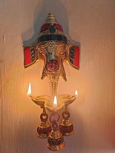 Buy DEVDECOR, Gemstone Work Brass Ganesha Wall Hanging Diya with Bells ...