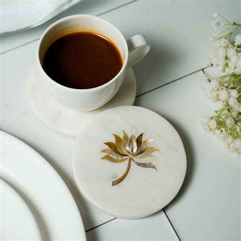 White Marble Round Coaster with Lotus design MOP Inlay Set of 2 ...