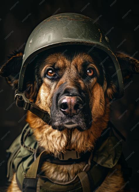 Premium Photo | Portrait of military dog with helmet A German shepherd ...