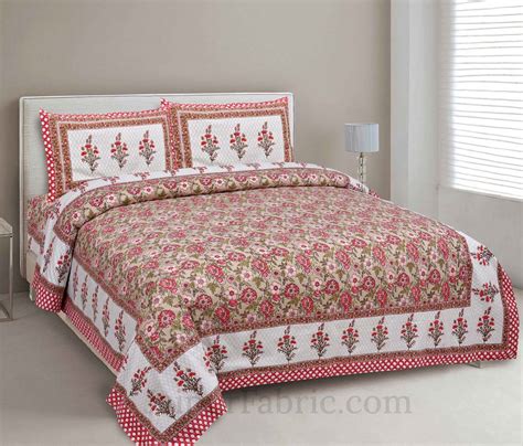 Floral Bouquette Red Boota Border Pure Cotton Double BedSheet ...