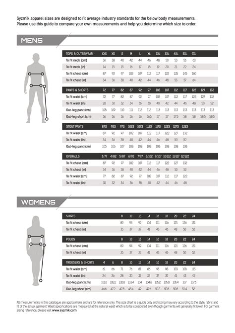 Syzmik Workwear - Size Chart – Evoke Uniforms