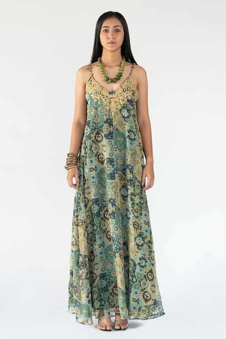 Buy Green Georgette Printed Floral V Neck Diana Dress For Women by ...