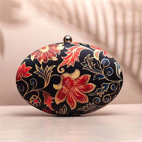 Red And Golden Floral Printed Oval Clutch - Artklim