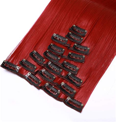 Dark Red Clip in Hair Extensions - 26 Inch Straight 100% Synthetic Hair ...