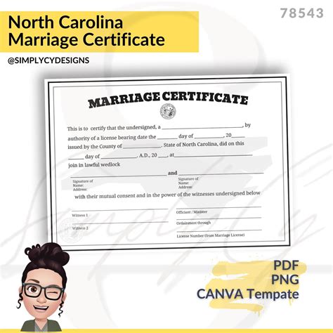 North Carolina Marriage Certificate With State Seal and Outline ...