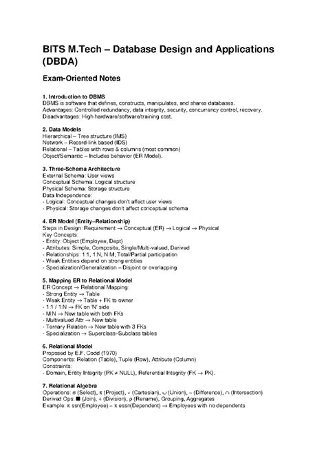 BITS M.Tech DBDA Final Exam Notes: DBMS, Data Models & ER Concepts ...