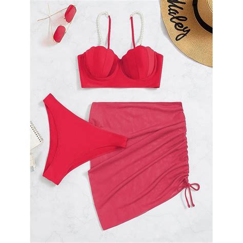 Sexy 3 Piece Bikinis Set Women Swimsuit with Skirt Swimwear Women Push ...
