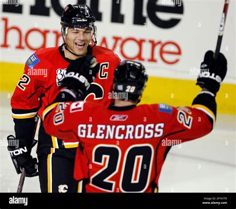 Calgary Flames' Jarome Iginla, left, celebrates his goal with teammate ...