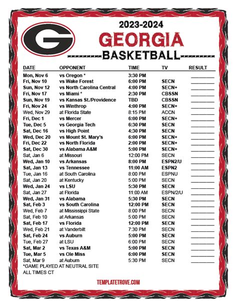 Printable 2023-2024 Georgia Bulldogs Basketball Schedule