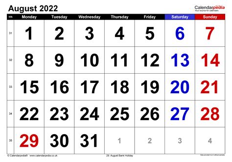Calendar August 2022 With Holidays