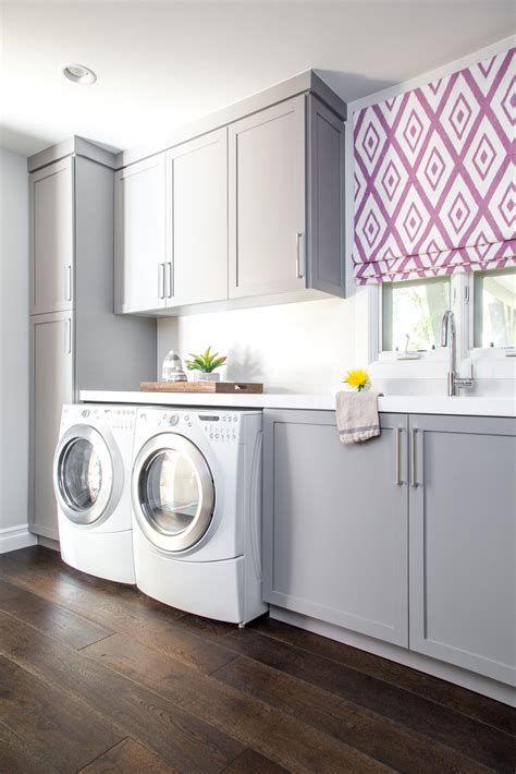 Laundry Room, Light Grey Cabinetry, Diamond Fabric, Roman Shade, Quartz ...