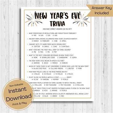 INSTANT DOWNLOAD New Year Trivia Game Printable - Holiday Game ...