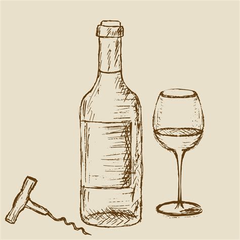 Hand drawn bottle of wine with a glass and corkscrew. 3240657 Vector ...