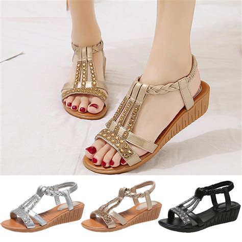 Cethrio Womens Summer Flats Sandals- Wide Width with Rhinestone Roman ...