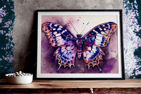 Premium Photo | Illustration of frame with watercolor painting of butterfly placed on shelf ... - painting of butterfly