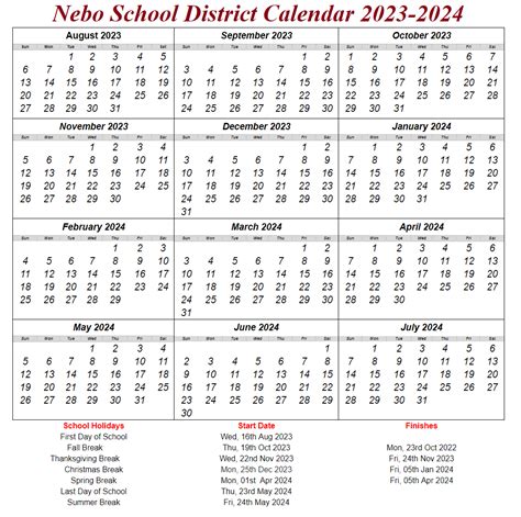 Nebo District School Calendar 2024-2025 With Holidays