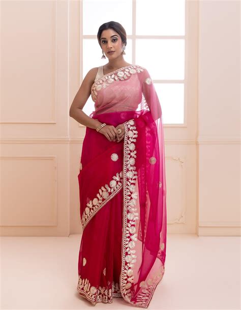 Pink Shaded Handcrafted Gota Patti Organza Saree – Geroo Jaipur