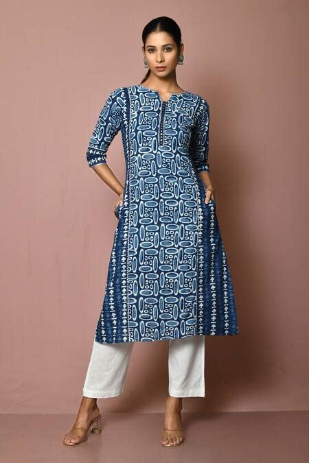 Buy Blue Cotton Geometric Pattern Kurta For Women by Arihant Rai Sinha ...