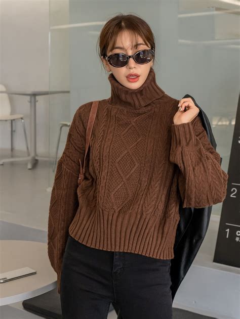 DAZY Cable Knit Turtleneck Drop Shoulder Oversized Sweater | Womens ...