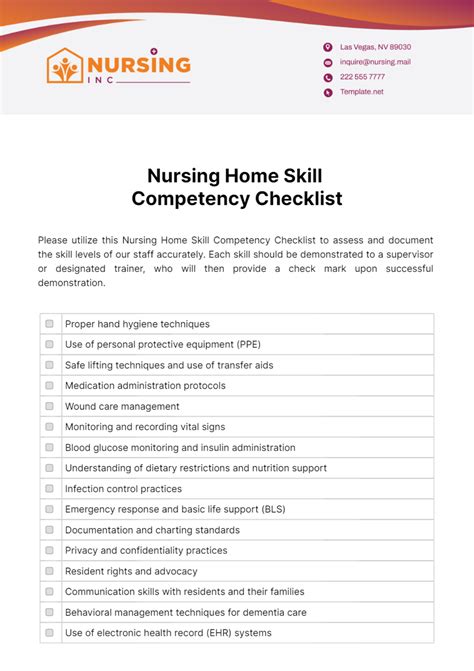Free Nursing Home Skill Competency Checklist Template to Edit Online