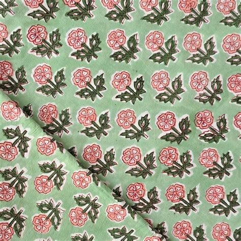 Pure Cotton Jaipuri Green With Peach Flower Motif Hand Block Print Fab ...
