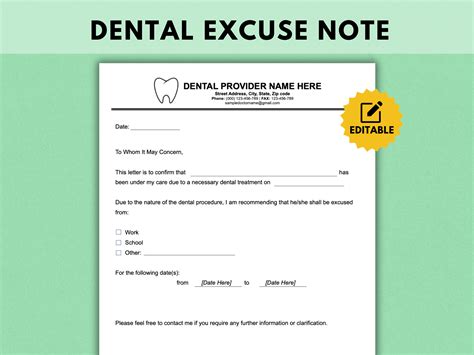 Dentist Excuse Note Template Dental Medical Excuse Note Instant ...
