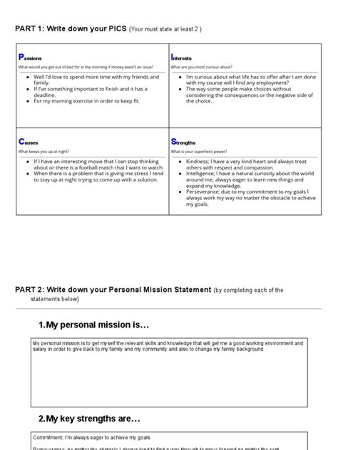PICS and Personal Mission Statement Worksheet | PDF | Curiosity | Goal