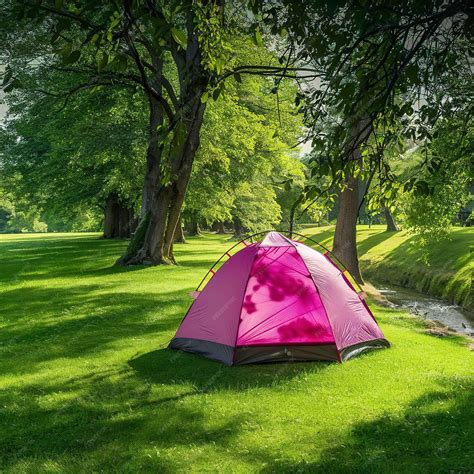 Premium Photo | Pink camping tent on green grass field under trees