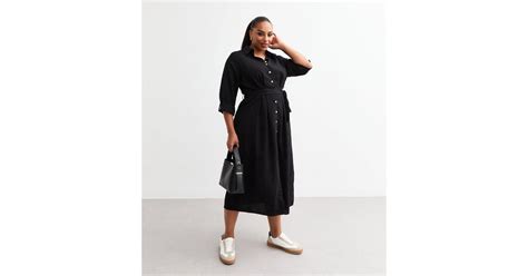 Curves Black Pleated Shirt Dress | New Look