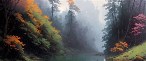 Download wallpaper forest, river, landscape, nature, art, digital art ...