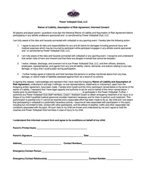 Fillable Online Power Volleyball Club, LLC Waiver of Liability ...