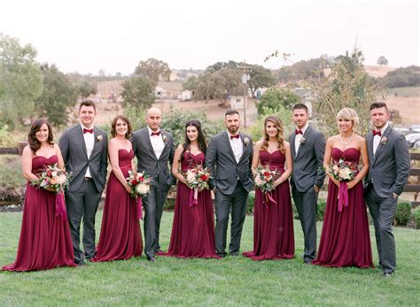 Elegant Bridal Party in Gray and Crimson | Wine bridesmaid dresses ...