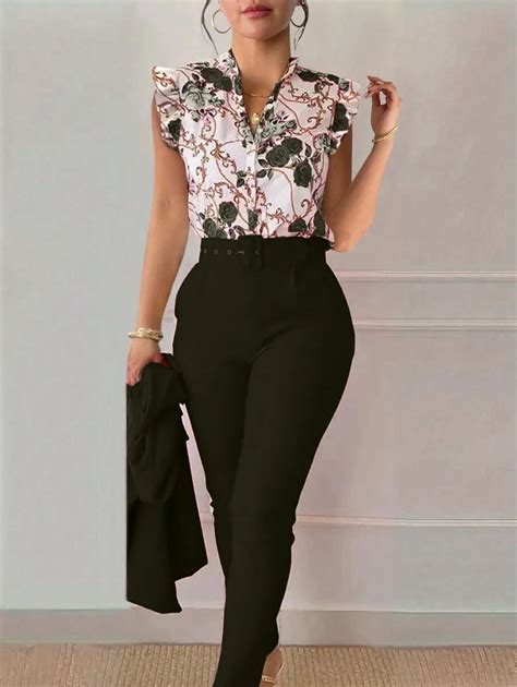 SHEIN Clasi Women's Casual Floral Print Cap Sleeve Shirt And Solid ...