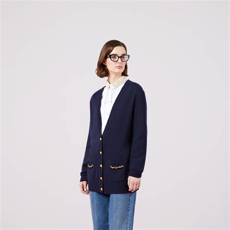 Cashmere cardigan with chain detail in dark blue | GUCCI® US