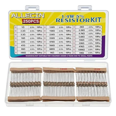 ALLECIN 25 Values 1/4W Resistor Kit from 1 Ohm to 1M Ohm 1/4 Watt 5% ...