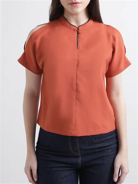 Shop Centre Stage Women Rust Solid Band Collar Top Online – Iconic India