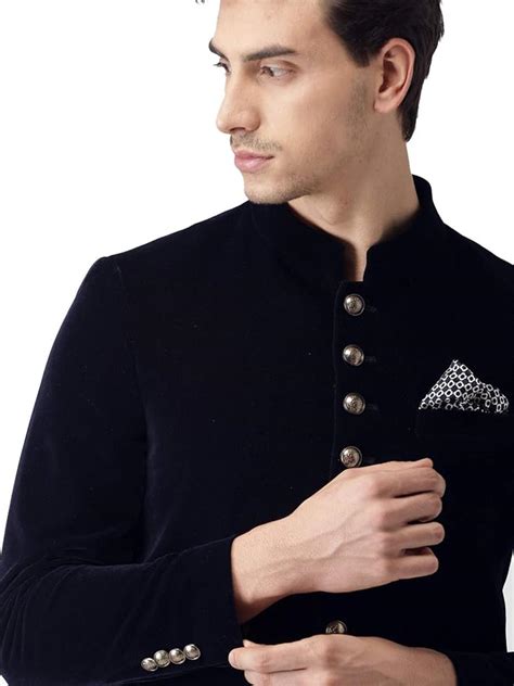 Buy Invictus Men's Velvet Slim Fit Ethnic Bandhgala Blazer (Navy Blue ...