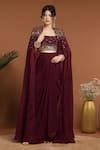 Buy Maroon Silk, Organza Sequins, Celeste And Embroidered Cape & Draped ...