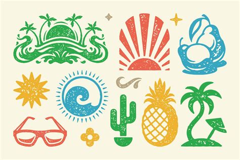 Summer symbols and objects set illustration.Bright symbol of rising sun ...